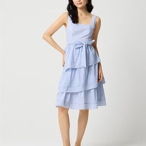 Striped sleeveless belted tiered dress